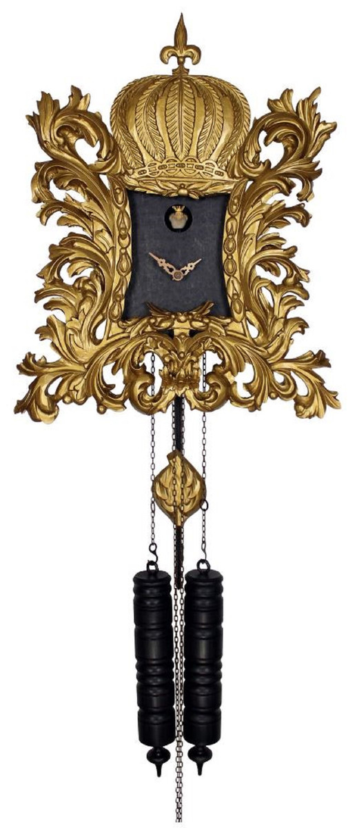 Pompöös Schwarzwälder Kuckucksuhr mit Krone Gold / Schwarz 55 x H. 68 cm - Handgeschnitzte Wanduhr im Rokoko Stil - designed by Harald Glööckler