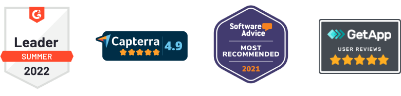 Top 100 Fastest Growing Products, best software awards 2021, Capterra 4.9 Stars, Software Advice most recommended 2021, GetApp User reviews five star