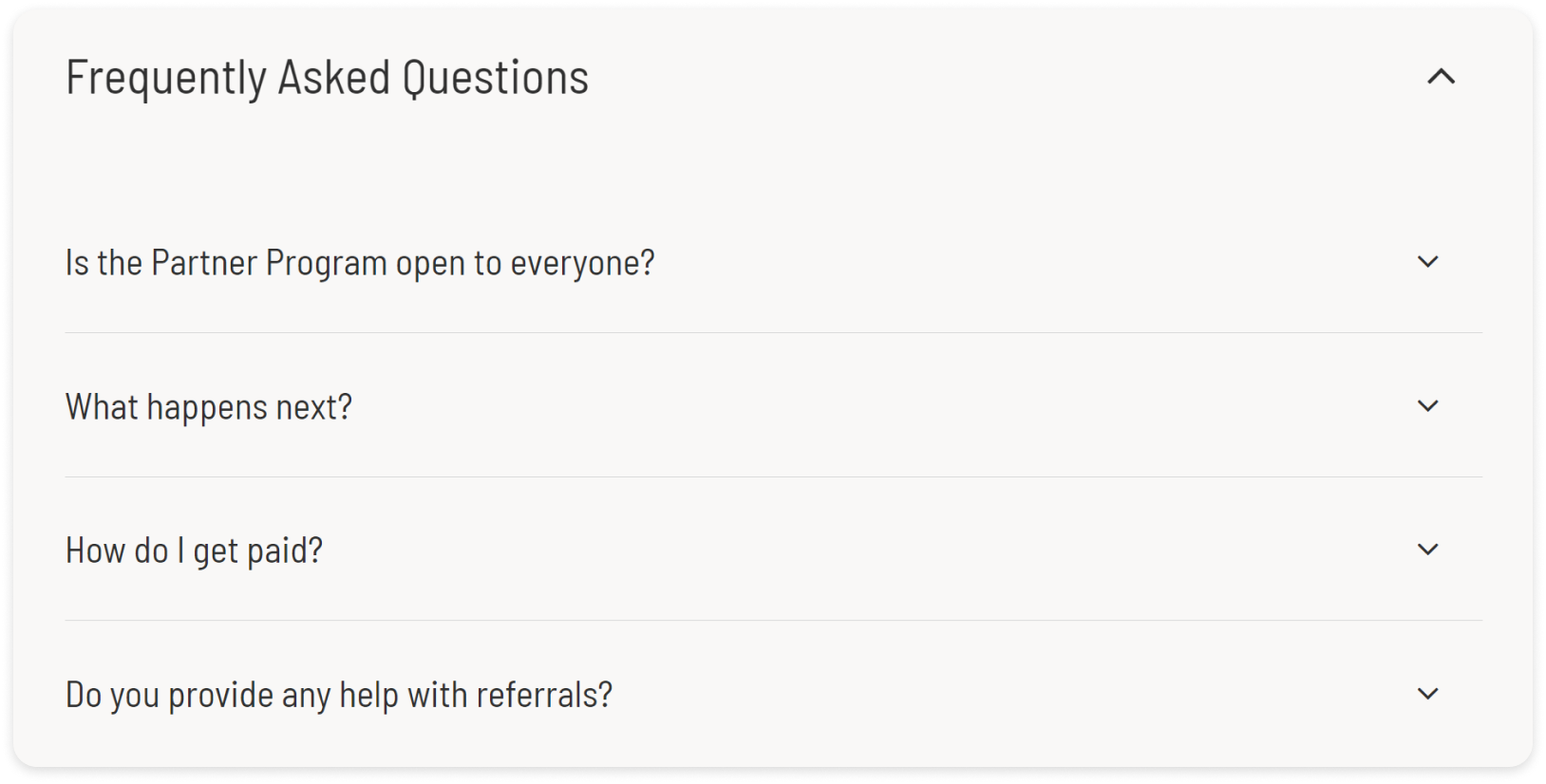 Screenshot of FAQ section of Unbounce's partner program webpage