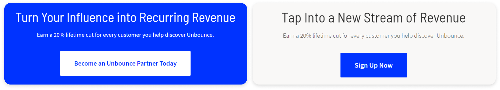 Screenshot of CTAs from Unbounce's partner program webpage webpage