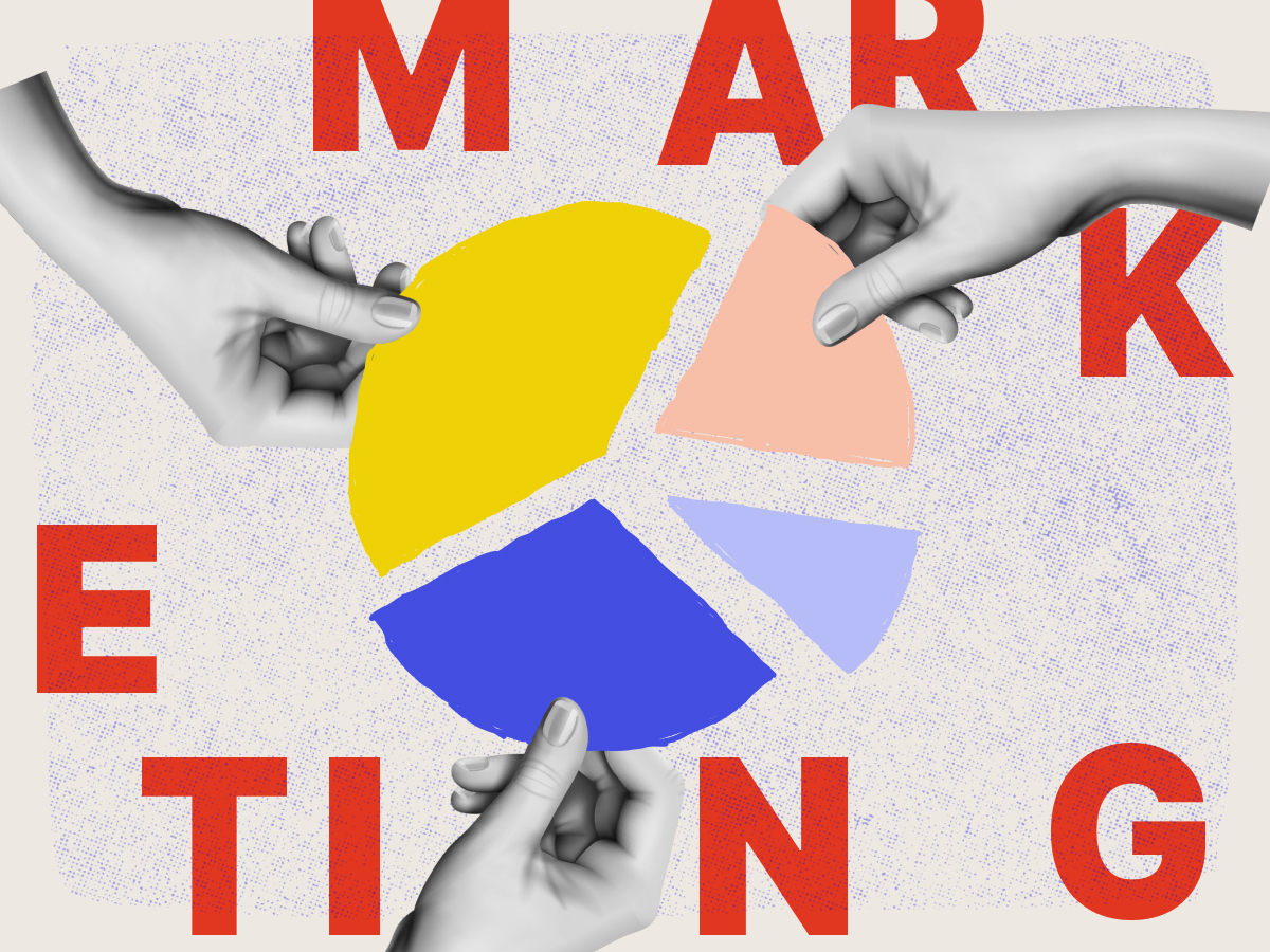 Hands grabbing at pieces of a pie graph with 'marketing' spelled out around it