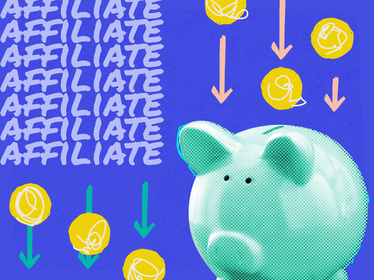 piggy bank with illustrated coins with arrows heading towards the opening with the word affiliate repeated on the side