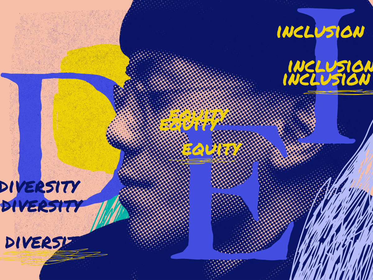 Profile of man in glasses with words diversity, equity, and inclusion overlayed in graphic style