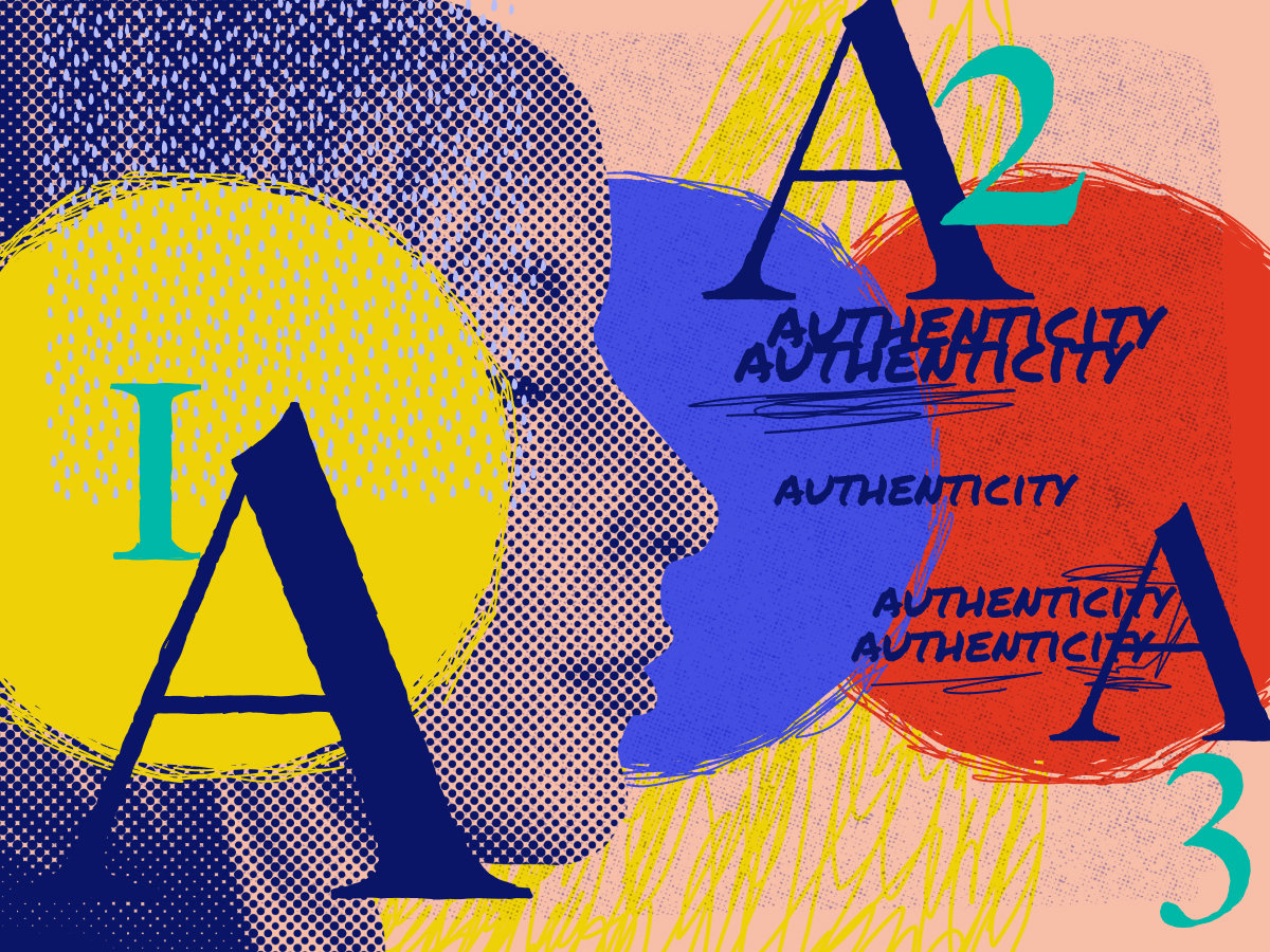 Profile of a woman's face with colourful graphics reading authenticity and numbers 1 2 and 3