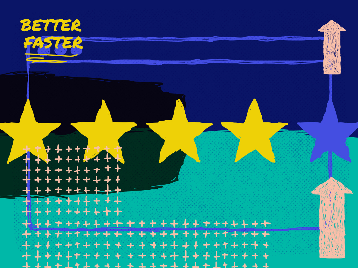 a star rating system with 4 starts highlighted, the words better and faster in the upper corner, and arrows pointing up on the righthand side