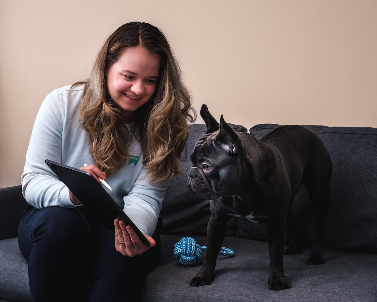 Funny picture of a logo designer showing a sketch on a tablet to a puppy