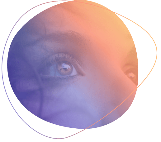Youper graphic, close up of eyes and a face, with purple and orange gradient overlay