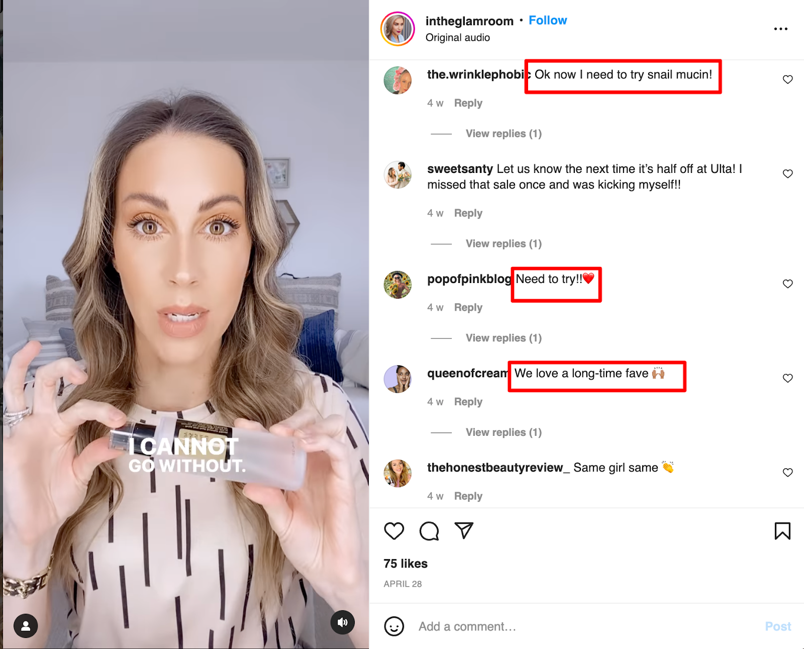 An example showing how followers of an influencer instantly trust a product she is endorsing.