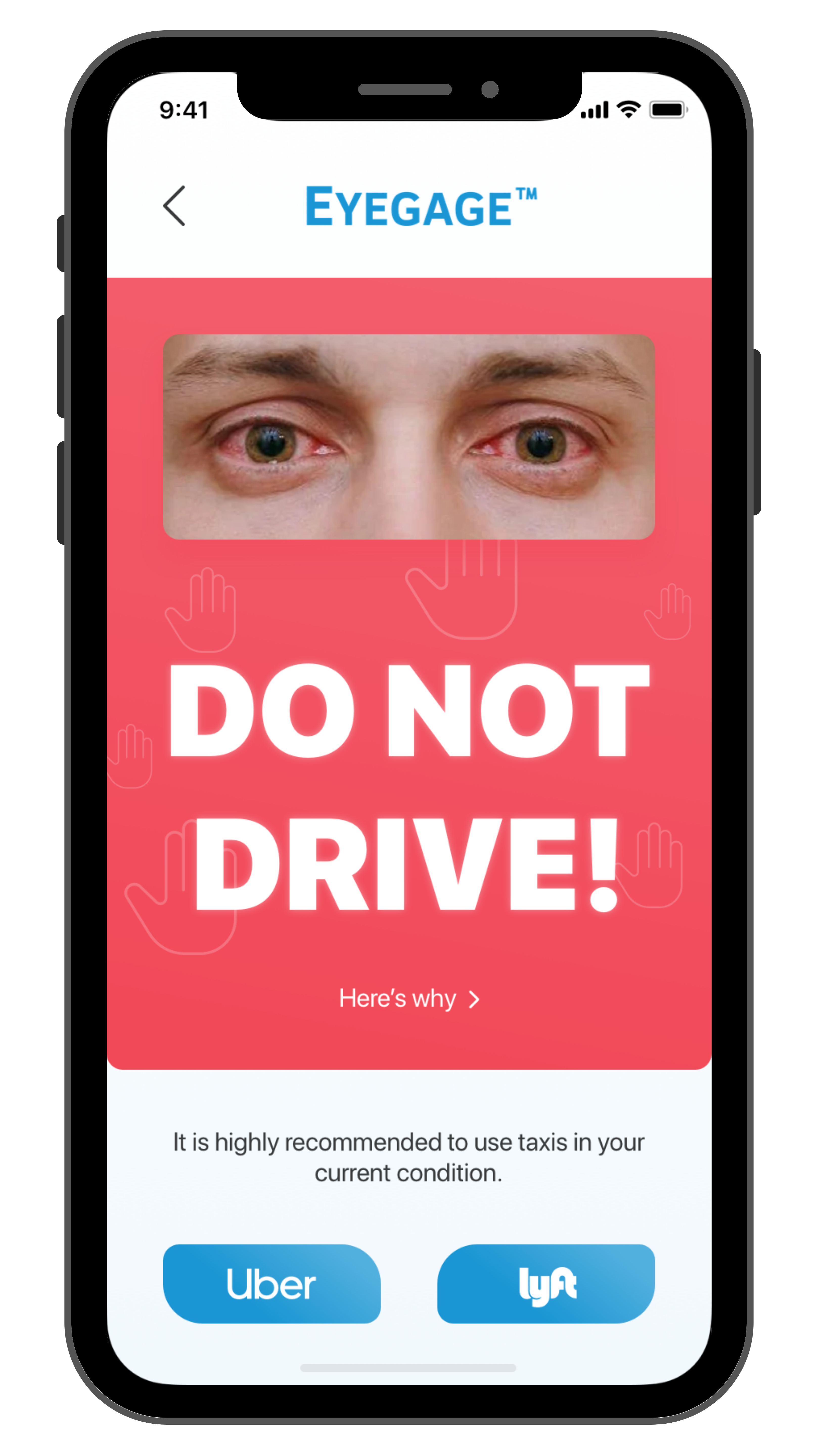 Eyegage Iphone Screen 4, alerting the user that they should not drive