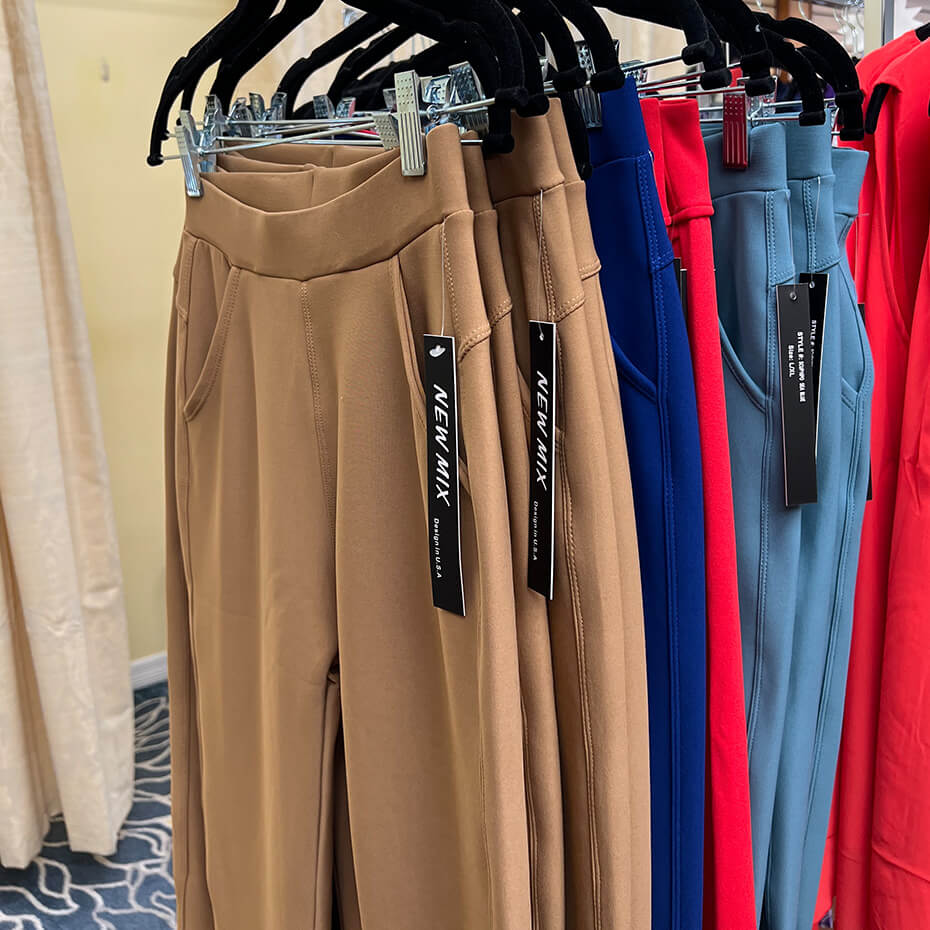 New Mix dress pants in tan, navy, and red at Malena and Magda's Boutique.