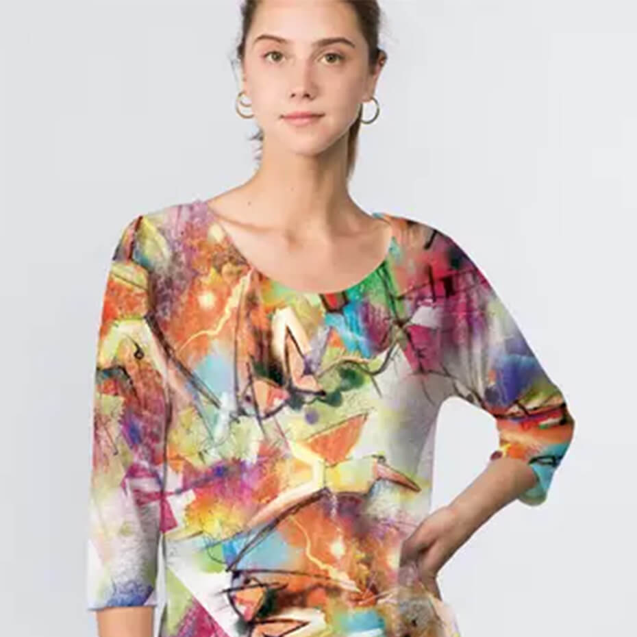 Et Lois colorful blouse with geometric patterns at Malena and Magda's Boutique.