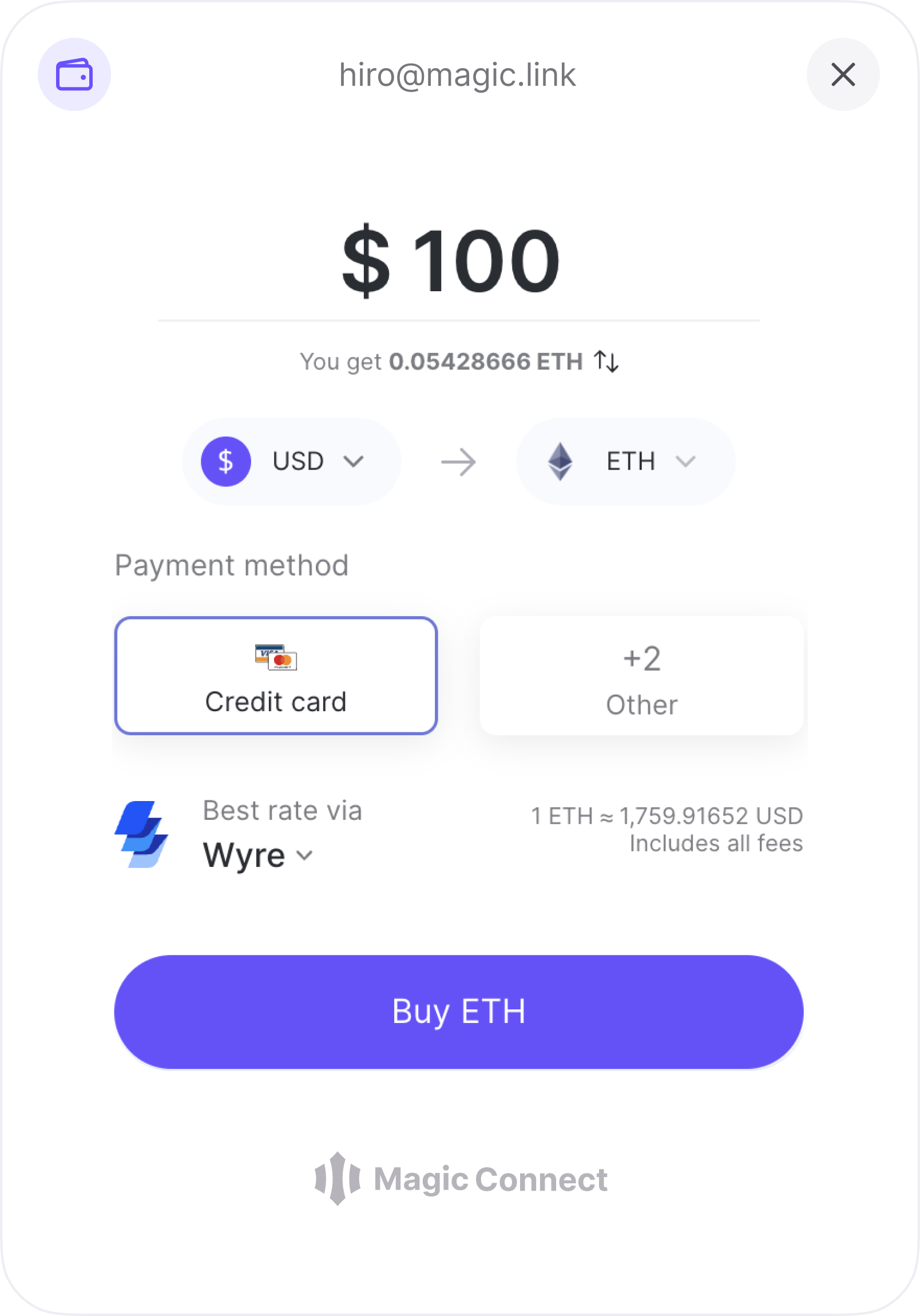 Magic Connect on-ramp payment screen