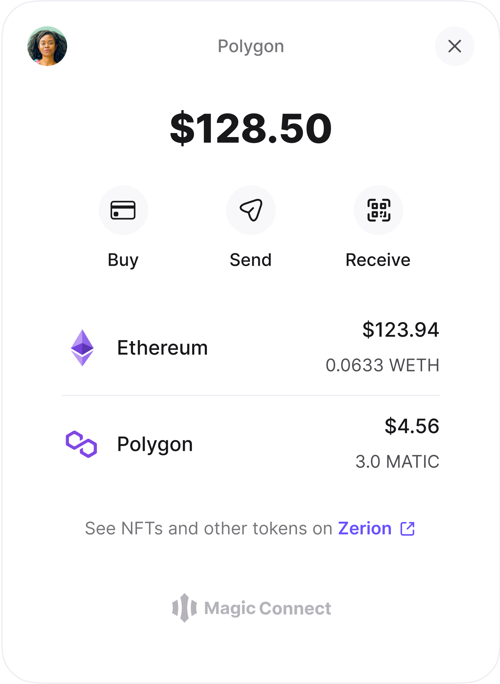 Magic Connect Wallet screen showing Ethereum and Polygon