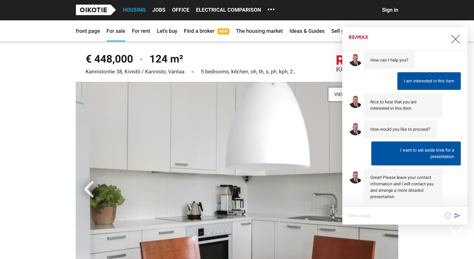10 real estate conversion ideas to strongly close your 2022- Contextual messaging - An agent chat on a listing website