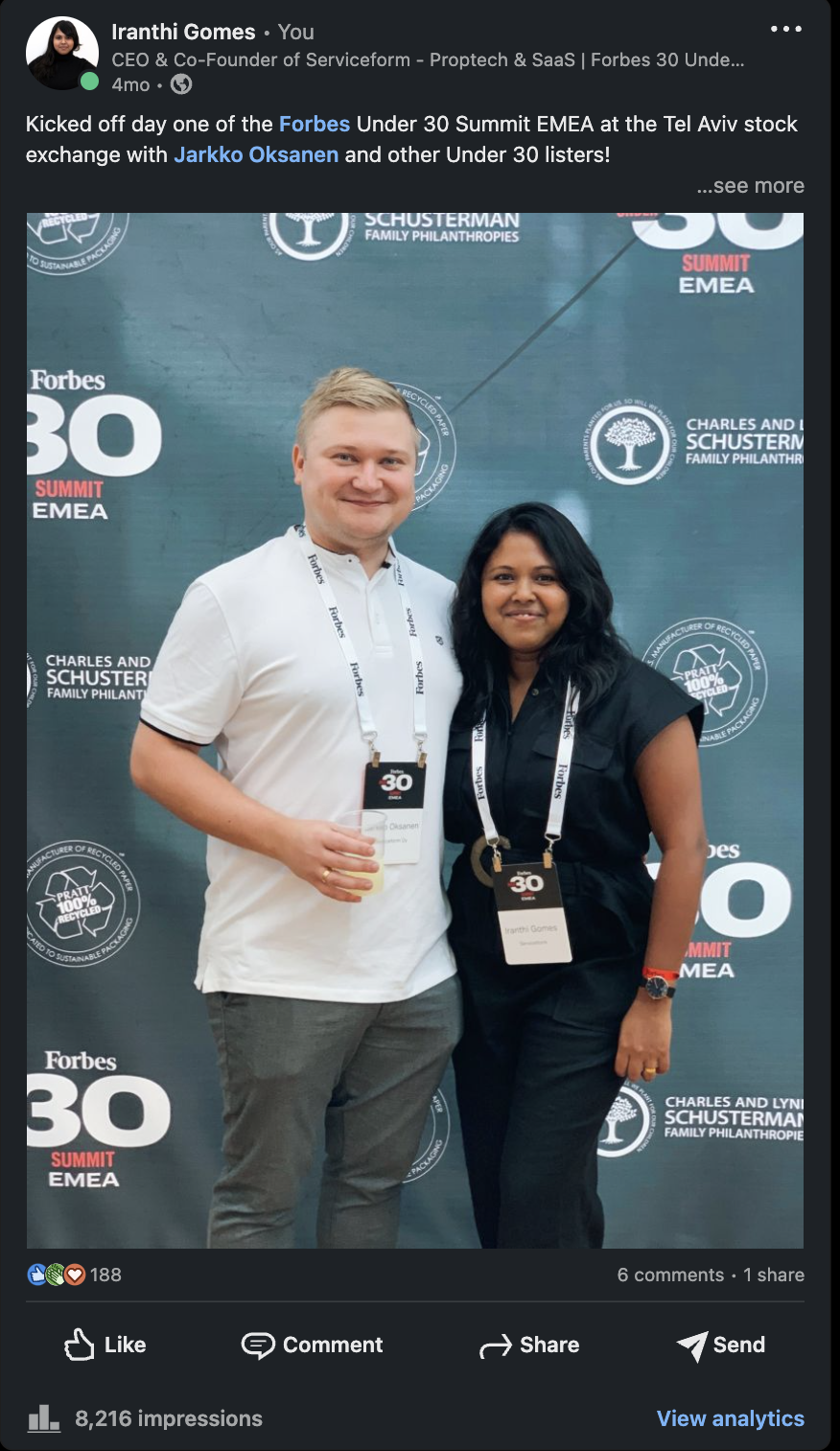 CEO brand management in 3 steps: Serviceform's founders Iranthi Gomes and Jarkko Oksanen at the Forbes 30 under 30 summit