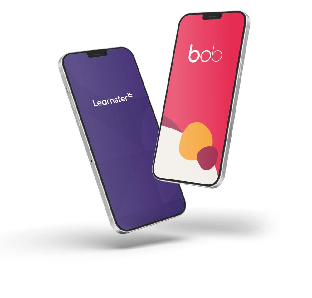 Two mobile devices showing Learnster and HiBob logotypes