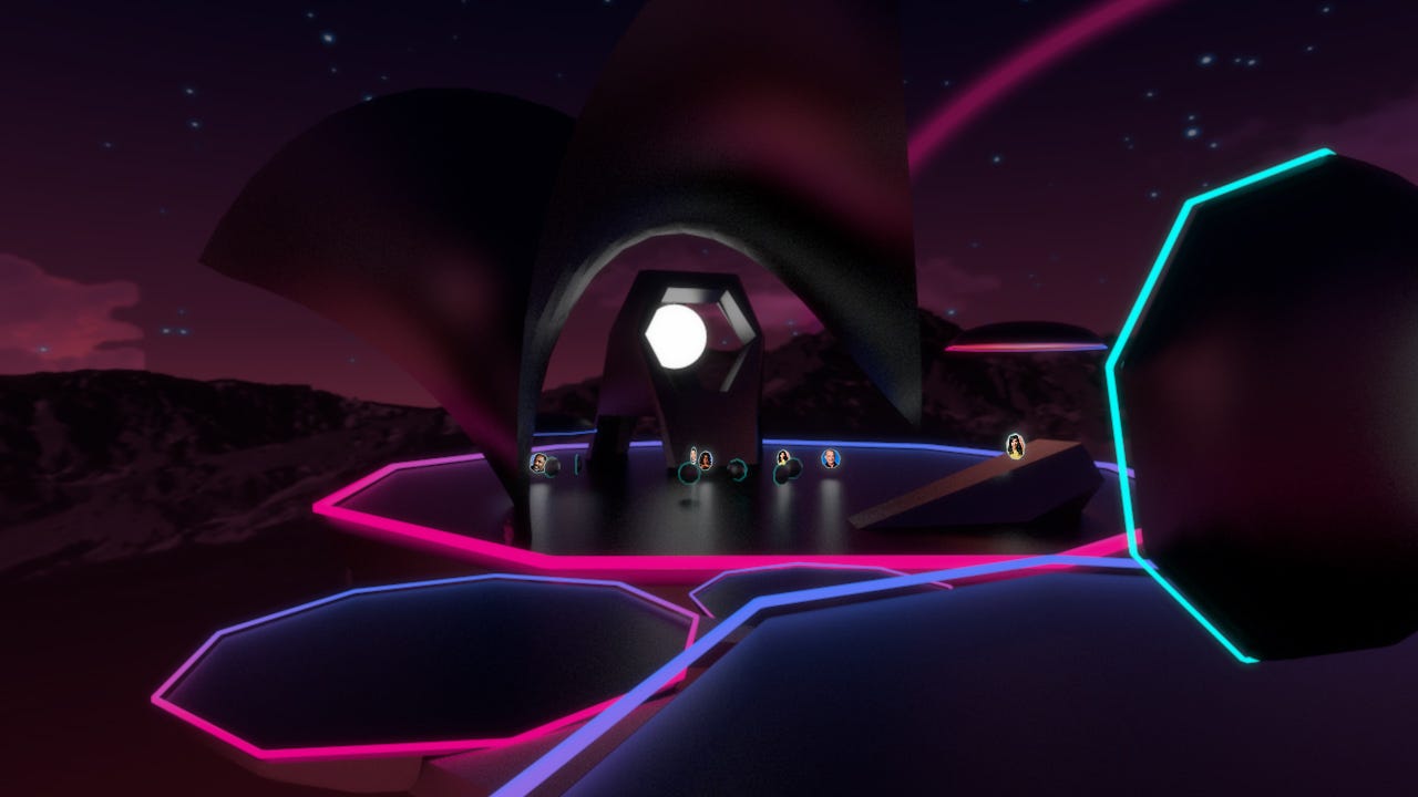 A scene inside Nowhere, a 3D events platform where you can see events and participate in events, and meet others in real-time over the net.