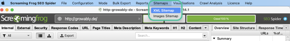 Screaming Frog Erstellung Sitemap