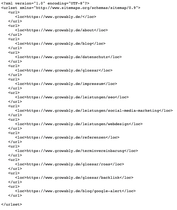 Beispielhafte XML-Sitemap von Growably