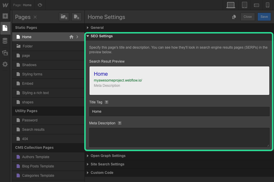 Webflow SEO Einstellungen