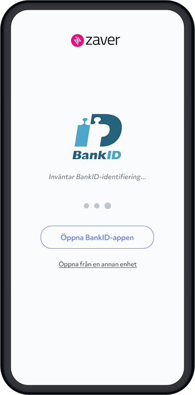 A mobile phone showing Zaver's checkout interface of an BankID identification.