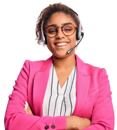 A smiling young women wearing a headset