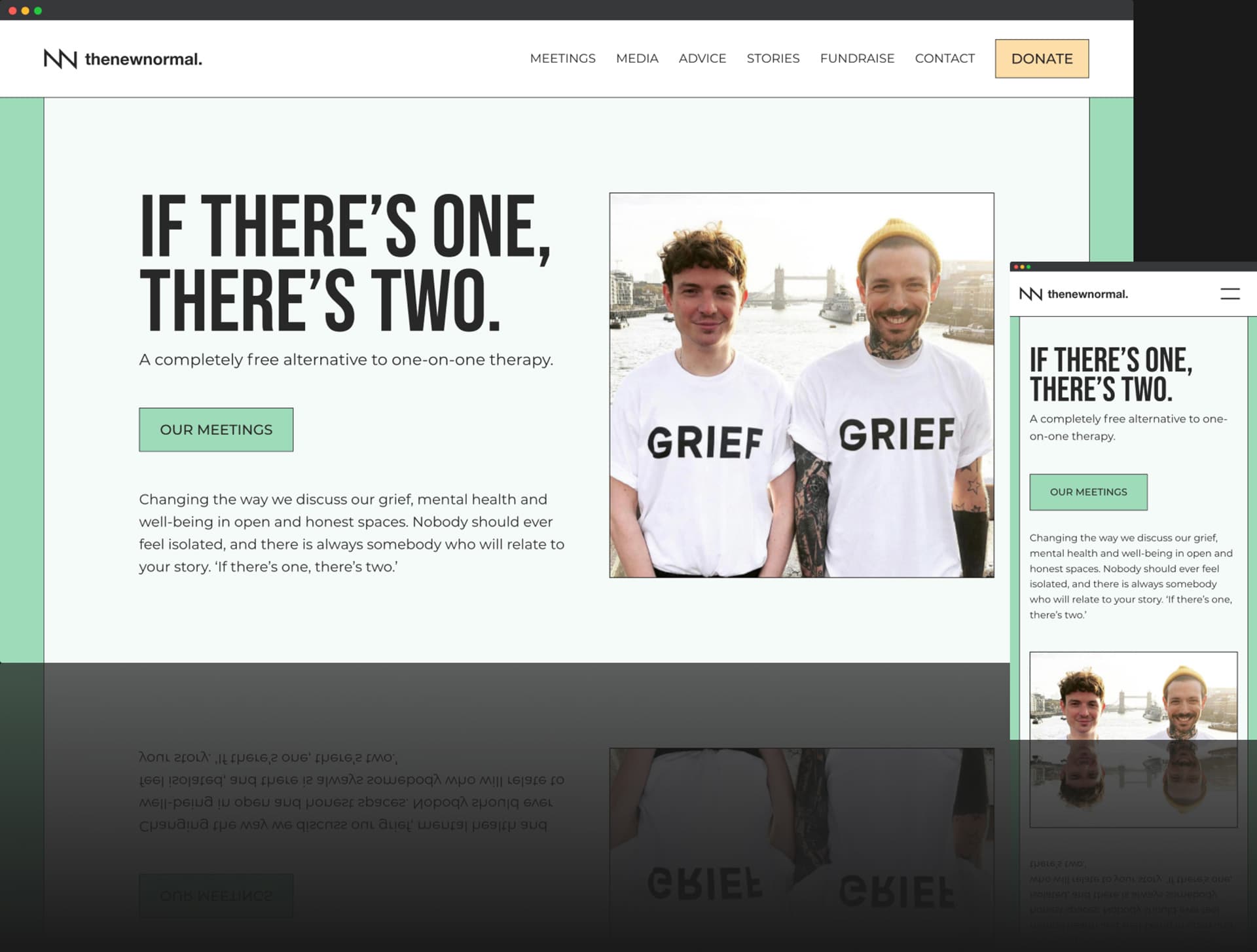 An image showing the hero image of the new normal charity home page, featuring its two founders Jack and Ben with London's Tower Bridge in the distance behind them