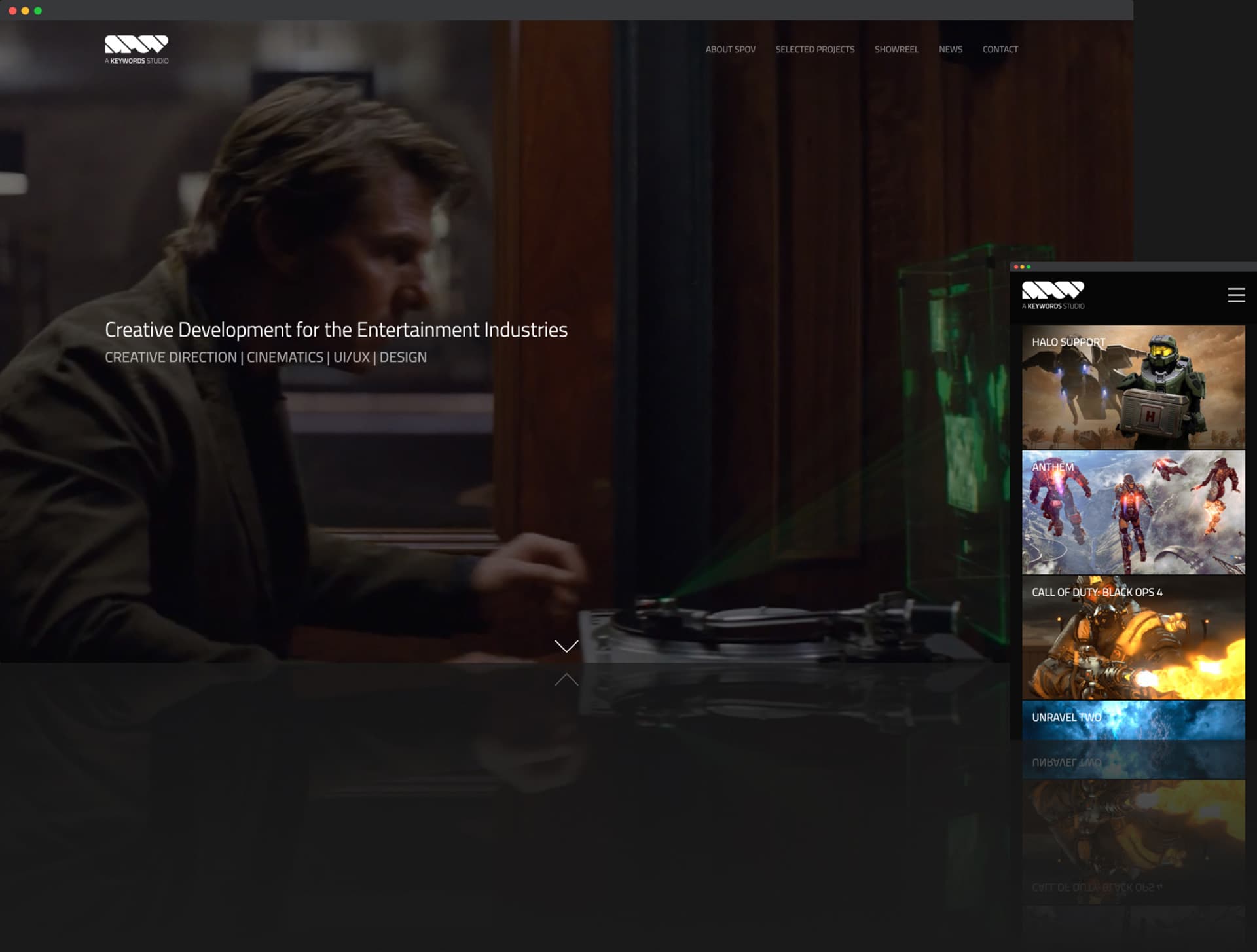A full-page image with Tom Cruise's face in the background and text that reads Creative Development for the entertainment industries