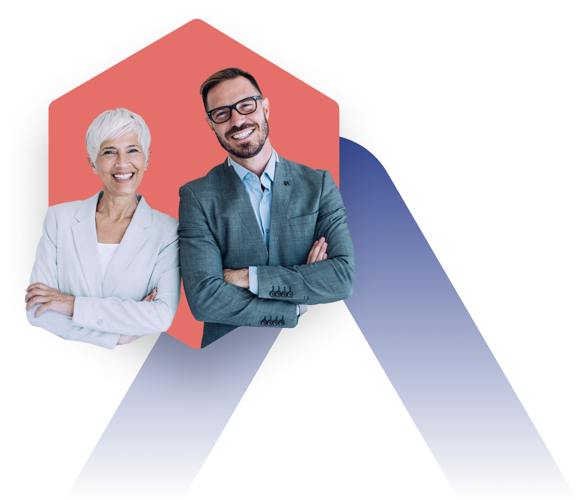 Professional man and woman with arms folded against the shape of the alaffia logo in orange