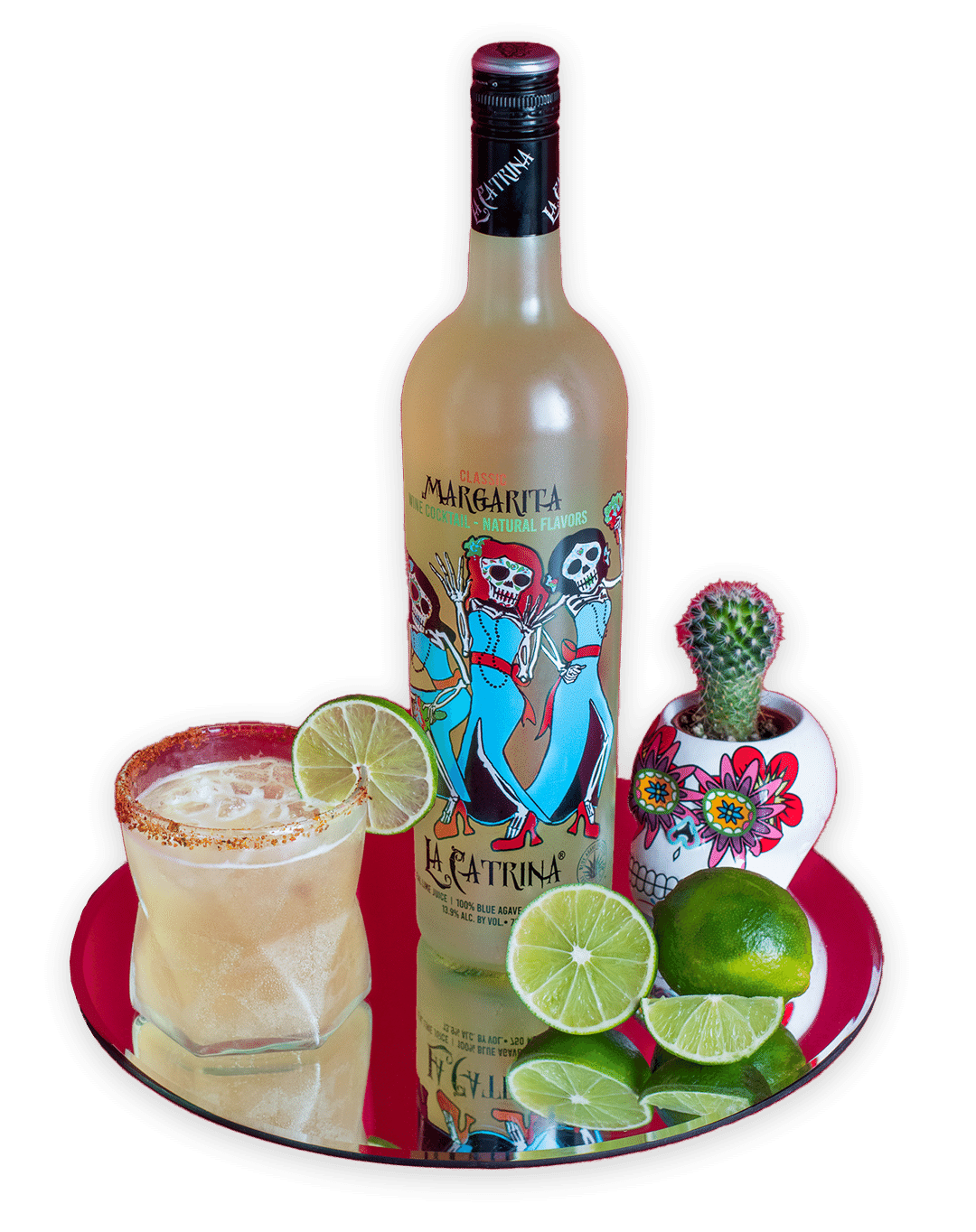 La Catrina Margarita bottle with glass, limes, and cactus
