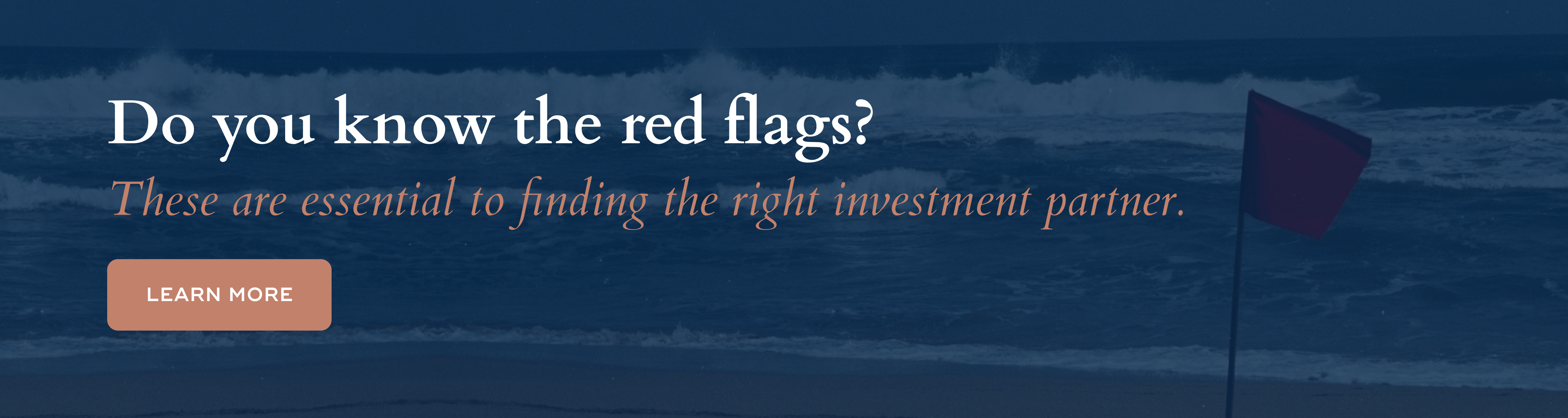 White and orange text on blue background: "do you know the red flags? these are essential to finding the right investment partner. Learn more."