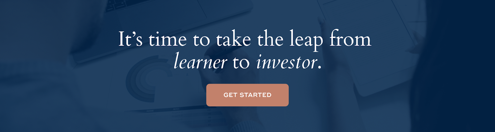 white text on blue background "It's time to take the leap from learner to investor."