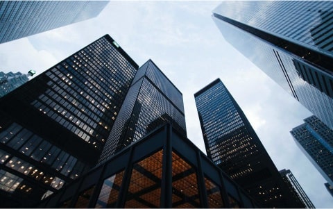 A view of skyscrapers from the ground