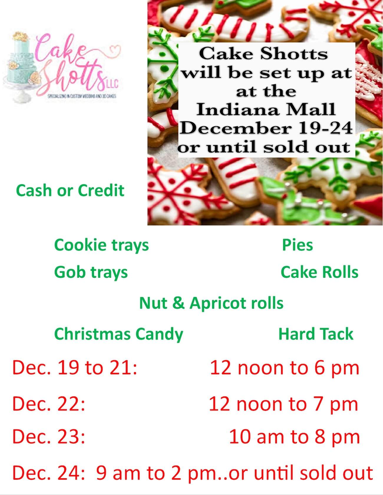 Cake Shotts offerings. Text in event description