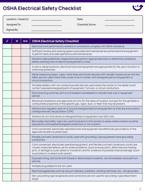 OSHA Electrical Safety Checklist Xenia Templates
