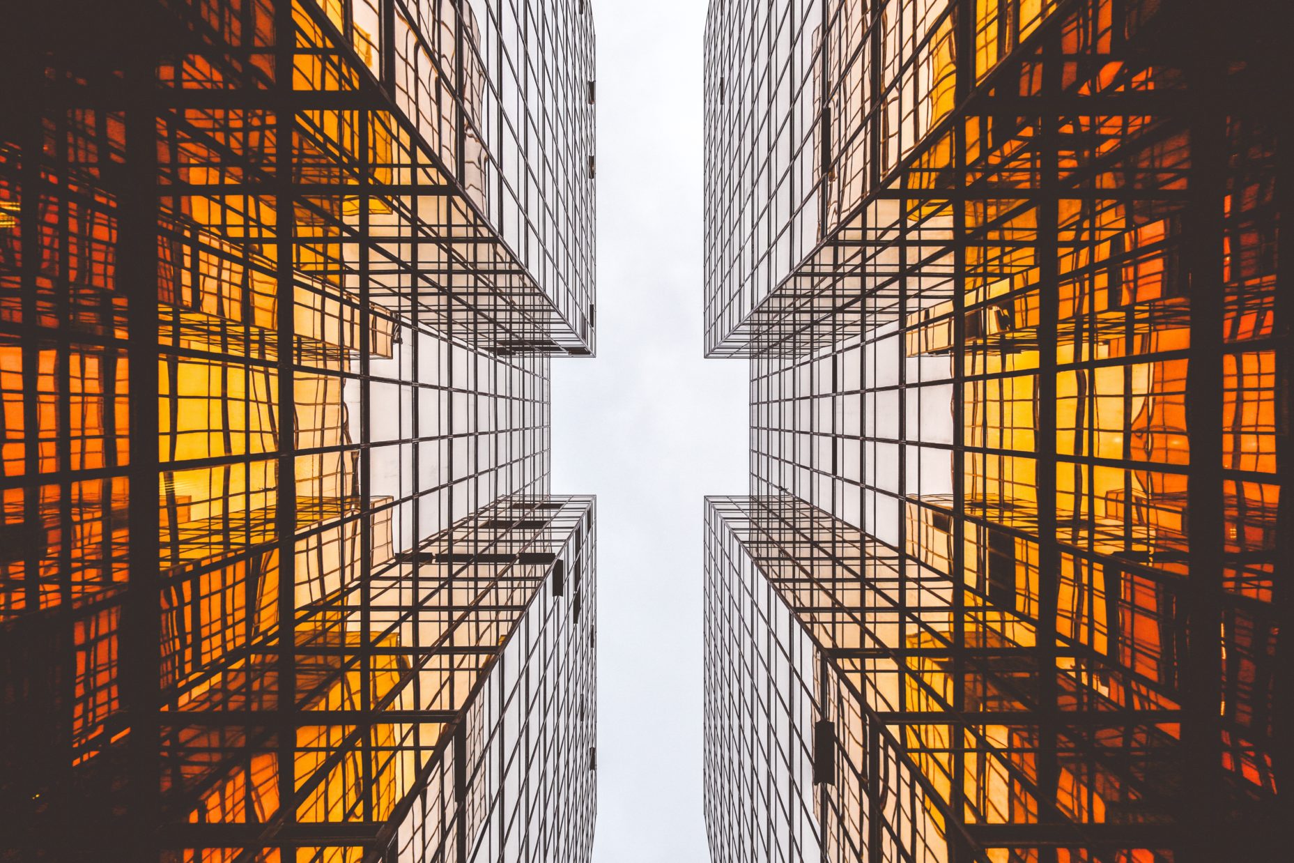 View of large office blocks from the ground