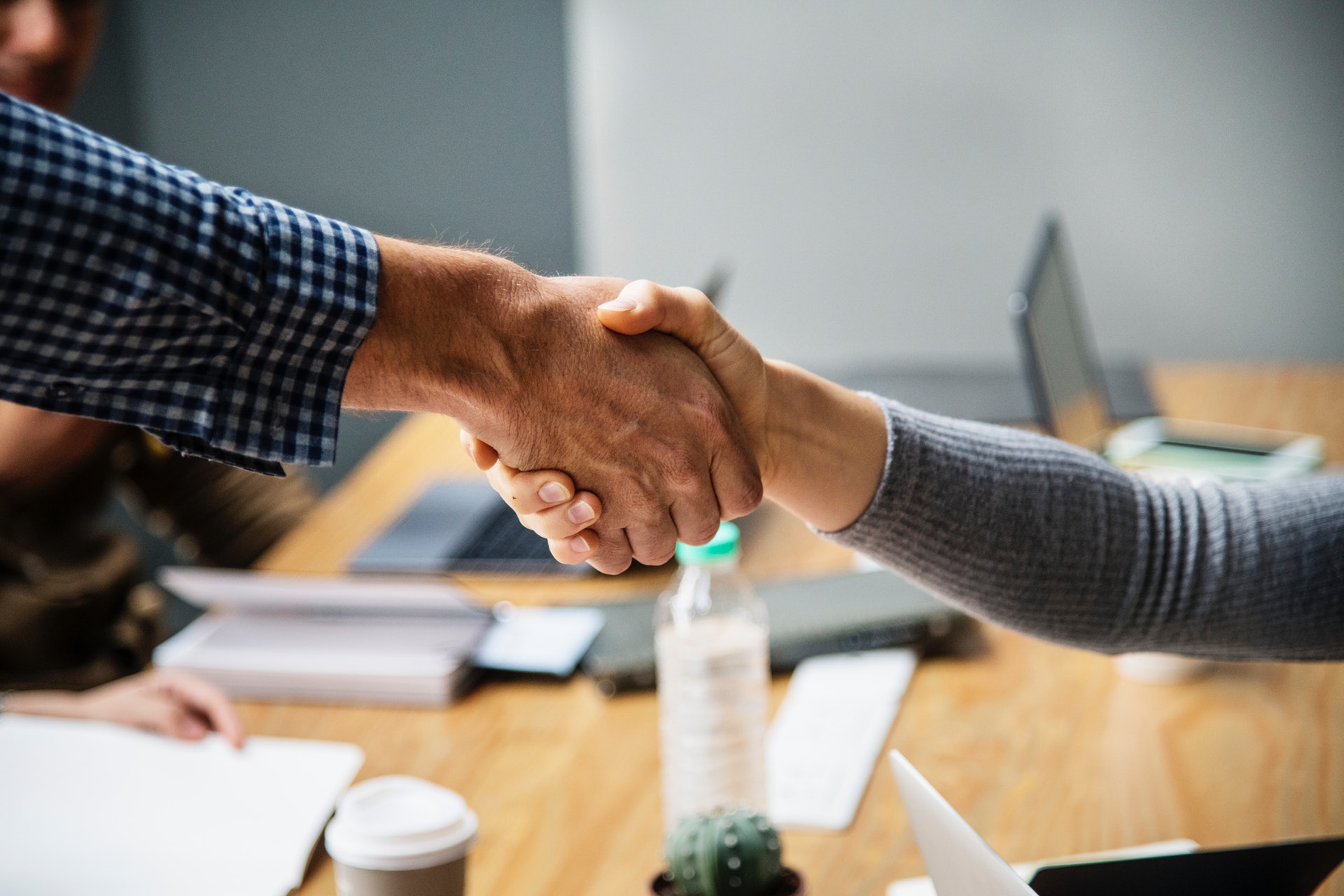 Two people in a meeting shaking hands