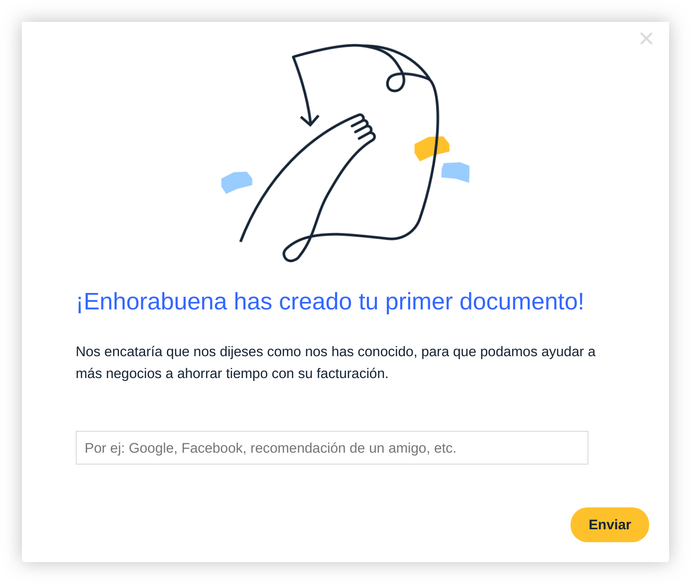 simple in-app user survey modal with illustration and feedback form in spanish/espanol.