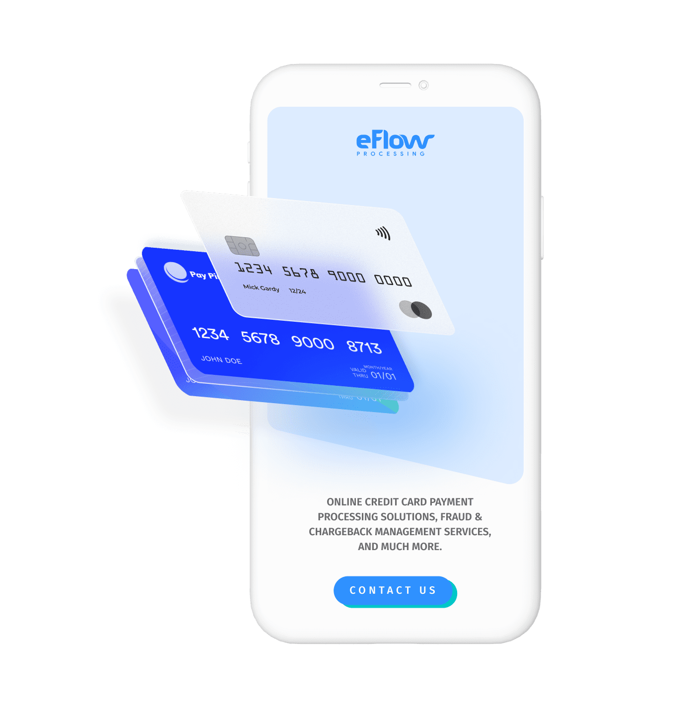Iphone mockup with eflow processing logo and 4 paycard