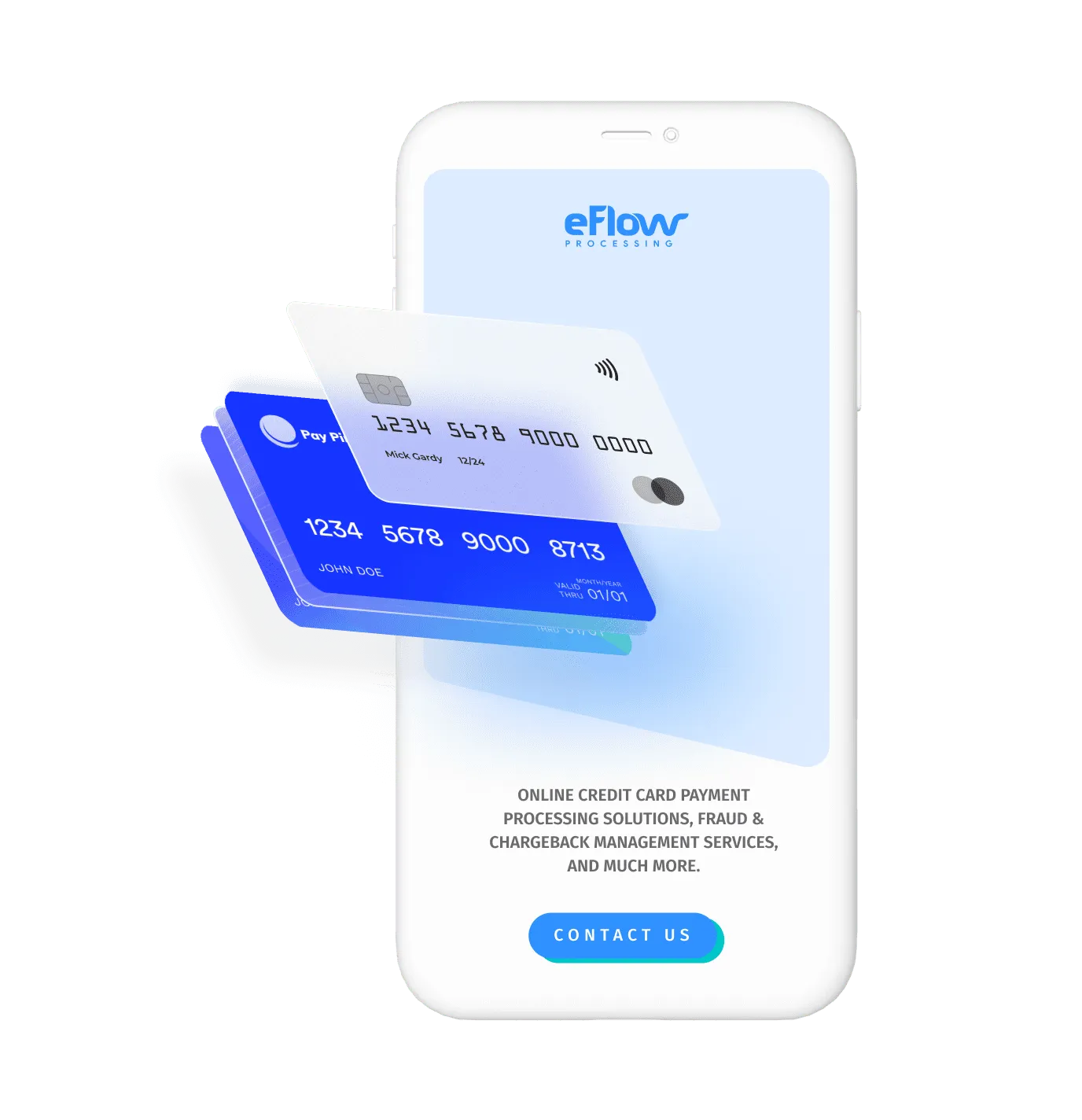 Iphone mockup with eflow processing logo and 4 paycard