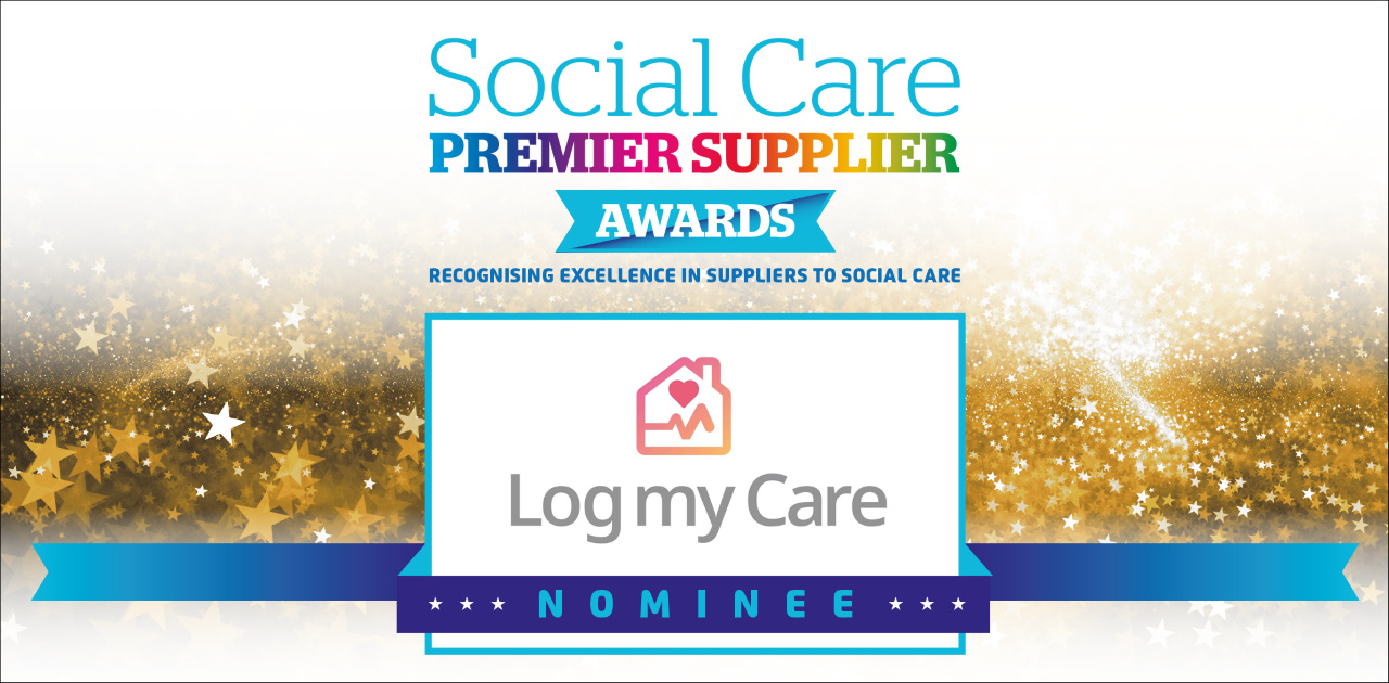 An infographic of a certificate announcing we're nominees for the "Social Care Premier Supplier Awards, Recognising Excellence in Suppliers to Social Care" with the Log my Care logo displayed in a white text box with a blue border, with a gradient of stars shown in the background.