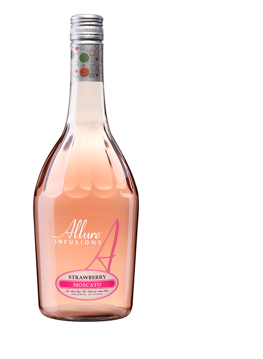 A glass bottle of Allure Infusions Strawberry Moscato