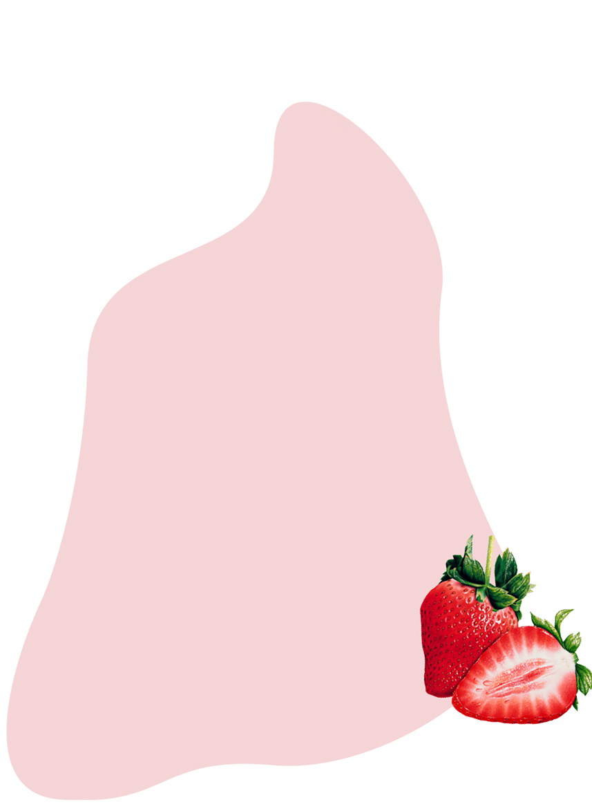 A whole strawberry and a half strawberry on a light pink blob