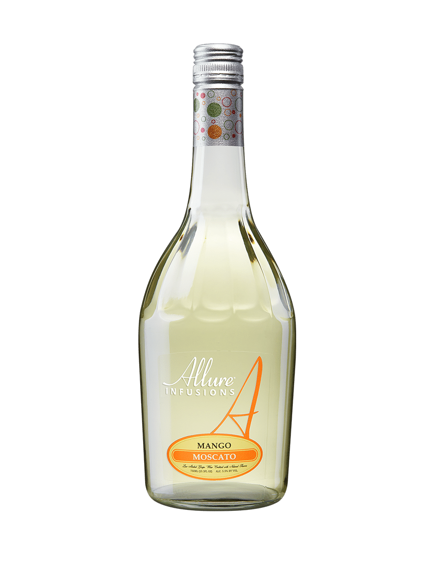 A glass bottle of Allure Infusions Mango Moscato