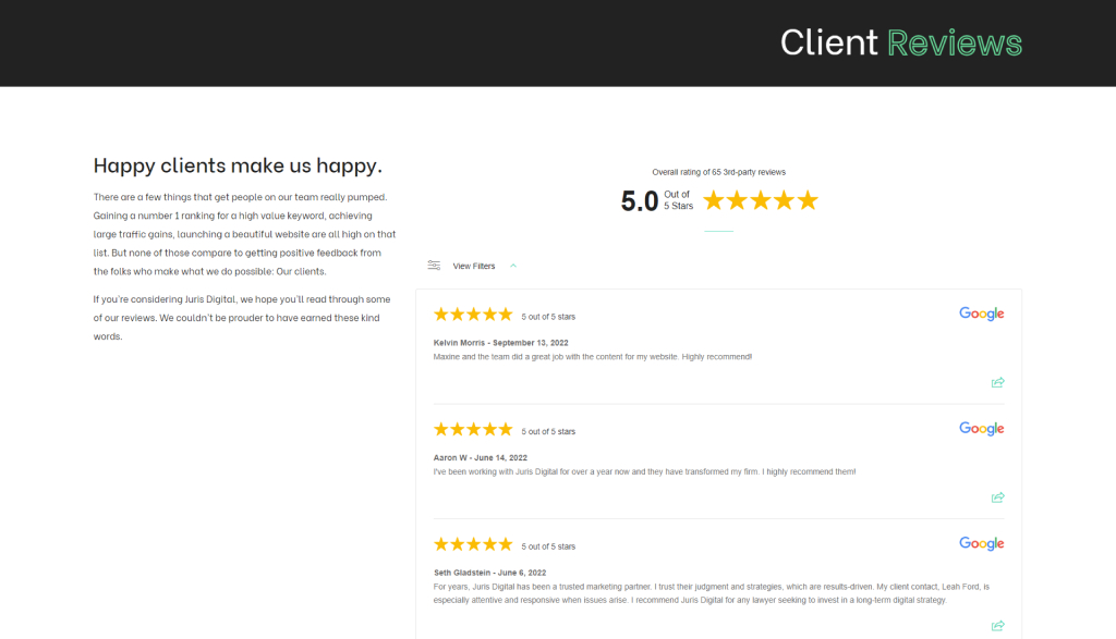 choose a law firm marketing agency: client testimonials