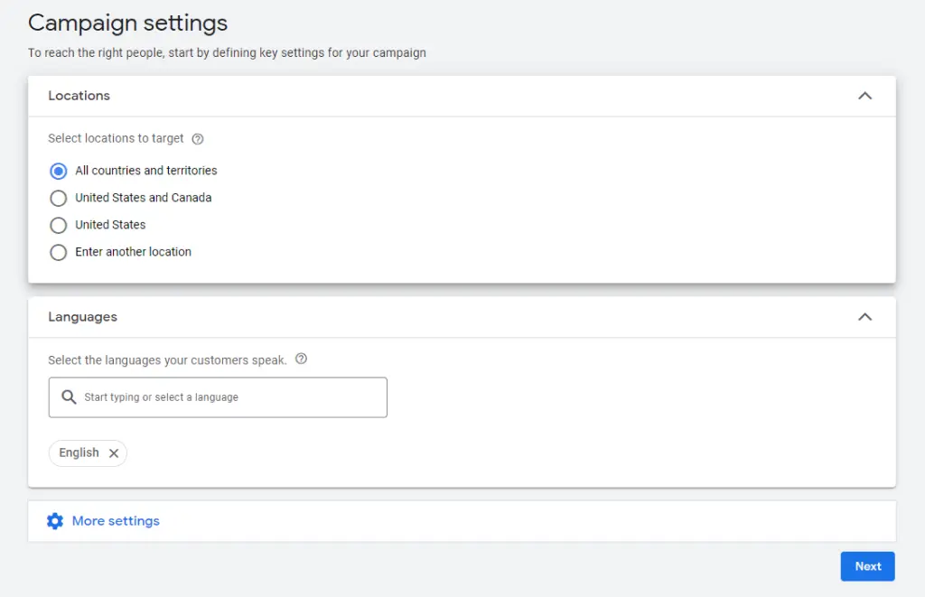 Choose the location where you want to place your ad and language