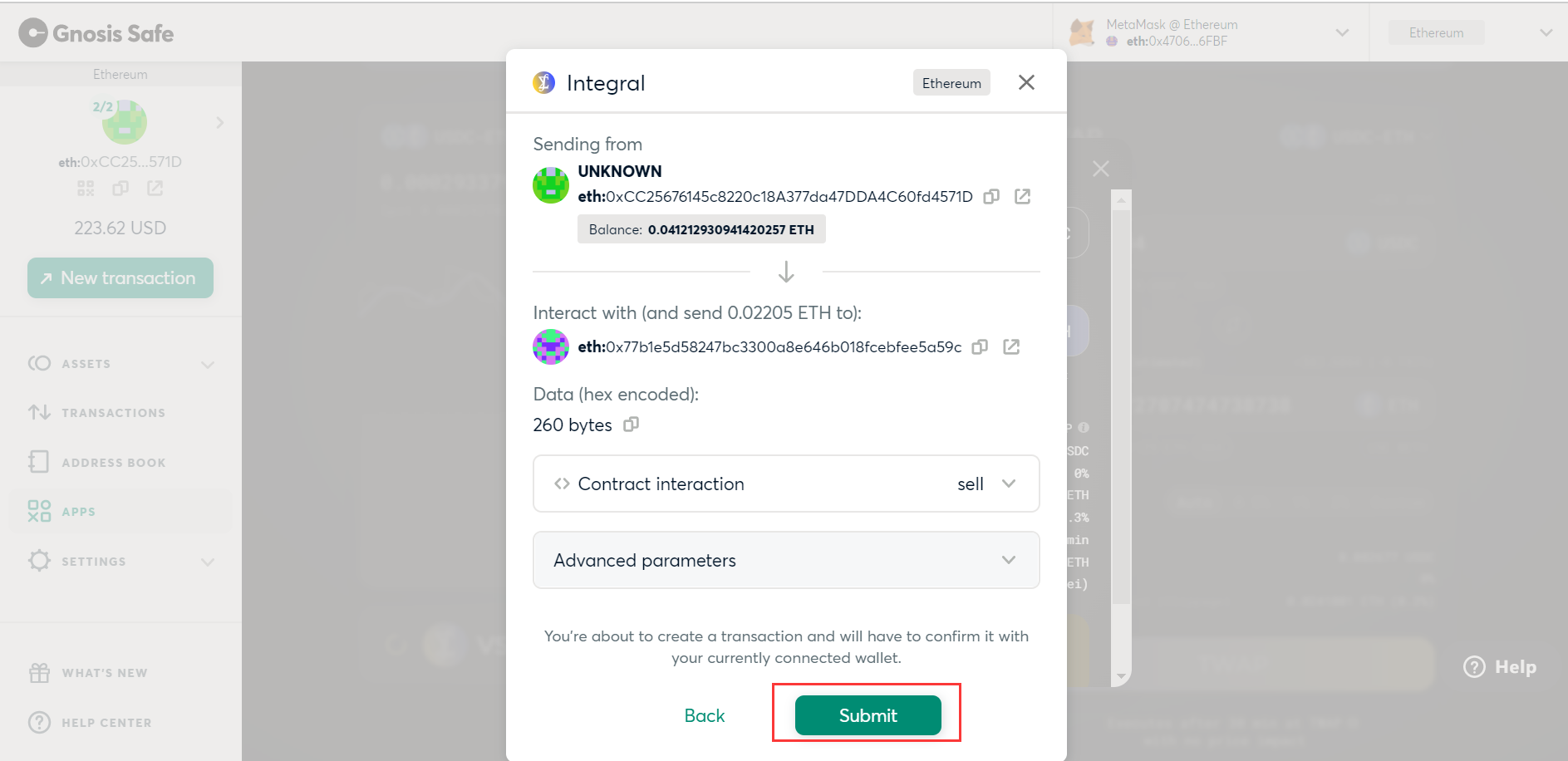 Hit "Submit" on Gnosis Safe to submit your transaction.