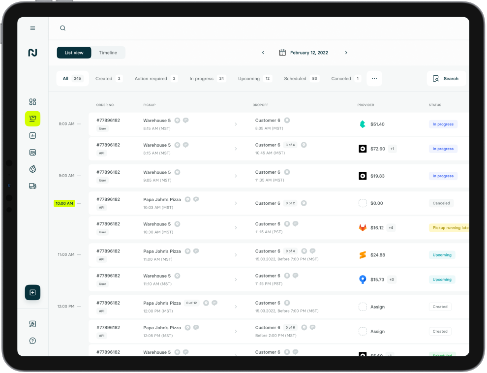 Screenshot of Nash platform showing all the orders
