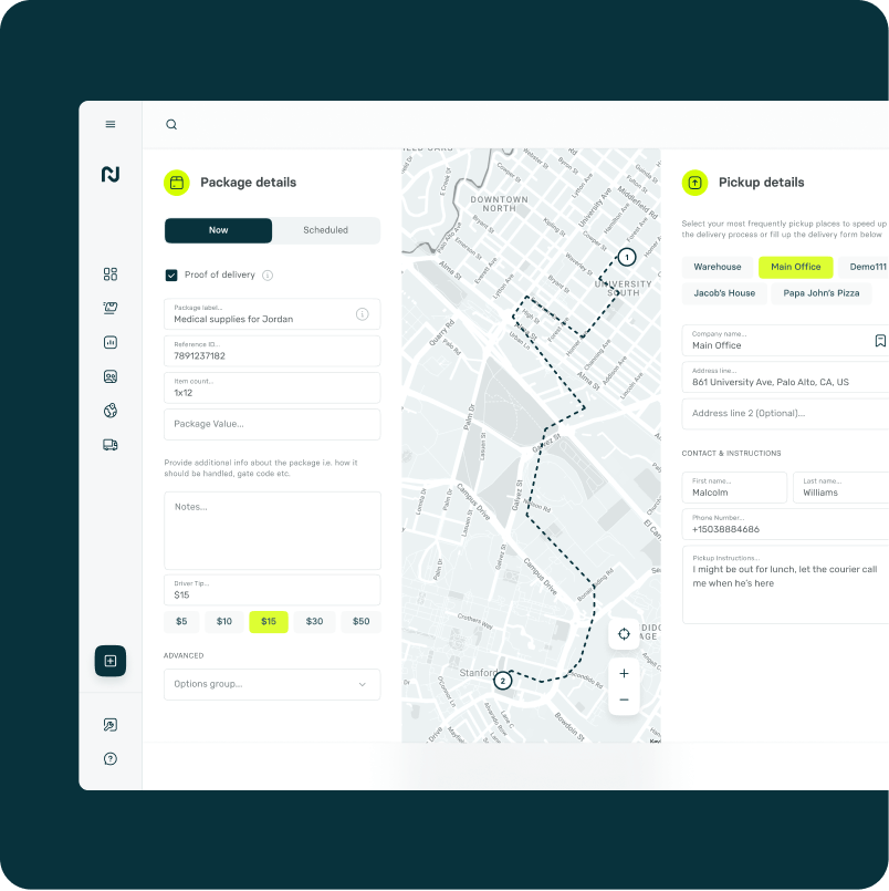 Screenshot of Nash platform where user creates a new delivery