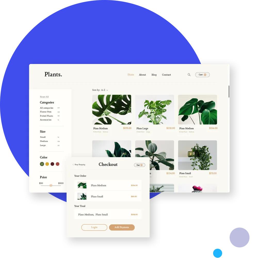 E-commerce shop and checkout page.